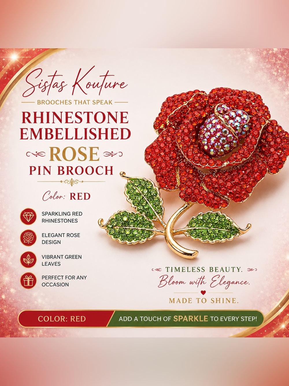 Rhinestone Embellished Red Rose Pin Brooch by